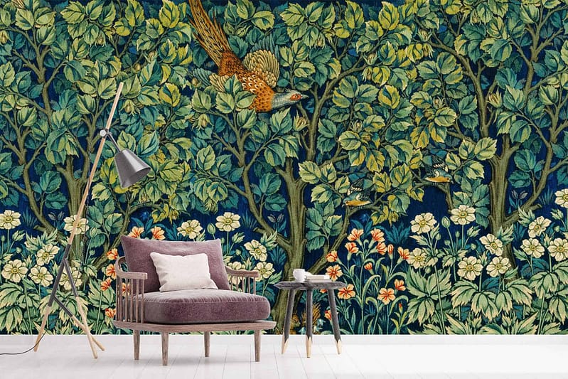 Detailed, colorful wall mural featuring lush green trees, vibrant flowers, a bird in flight against a dark blue backdrop. Elements of nostalgia with rich hues and intricate designs.
