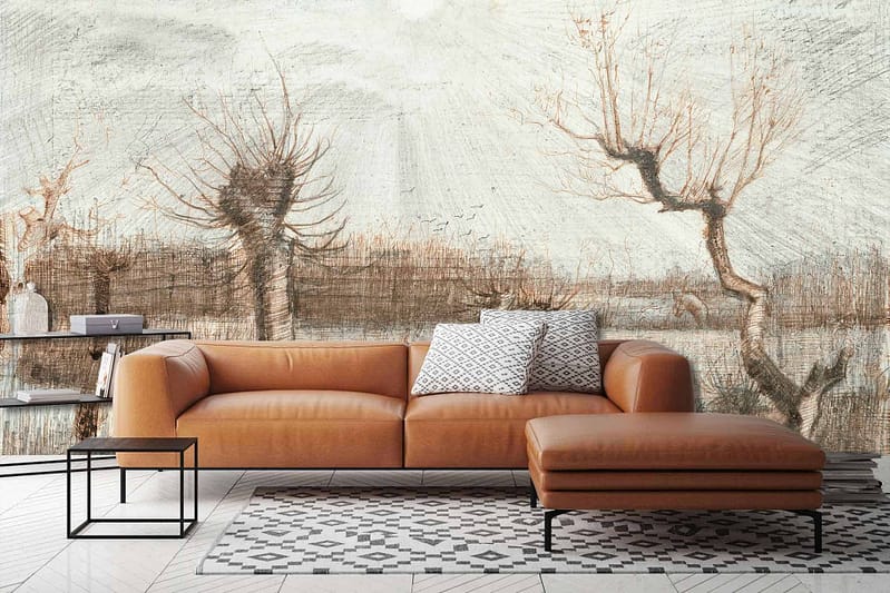 Textured mural featuring a stark winter landscape, prominently showcasing leafless trees. The wallpaper uses shades of white, gray, and black to create a dramatic effect. The scene encapsulates a serene yet somber mood with intricate tree branches against a muted background.
