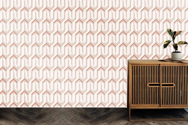 The wallpaper features a geometric hexagonal pattern in shades of orange.