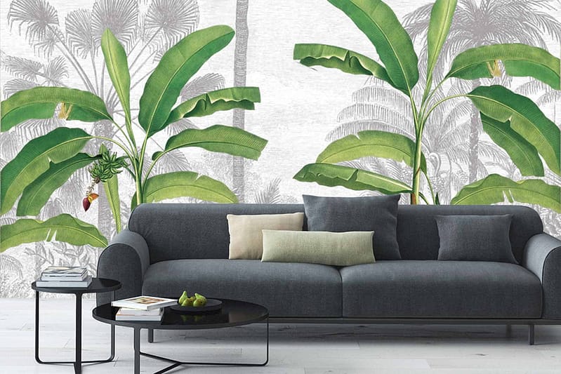 Tropical-themed Cara Palms mural, large green leaves, palm trees.