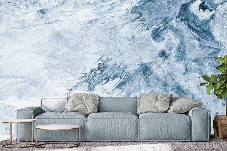Abstract blue and white marble-patterned wall; striking design; swirling blues, whites, and subtle greys; modern and artistic look.