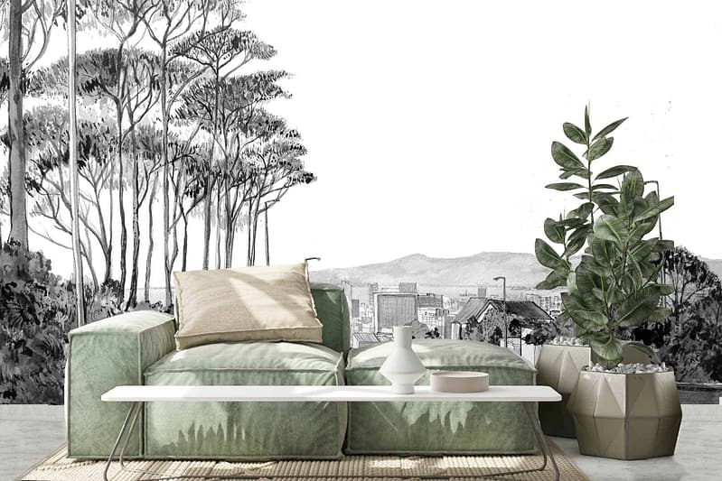 Monochromatic wall mural, tall trees, cityscape, shades of gray, black and white tones.
