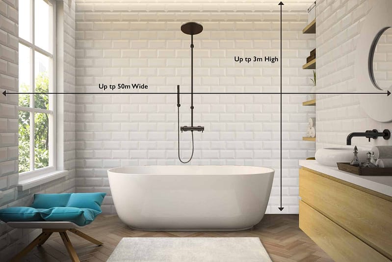 Wallpaper features a white subway tile pattern with crisp, clean lines. Color elements are predominately white with fine grout lines in a light grey shade. Black accents highlight the sleek black rainfall showerhead and faucet. The light wooden vanity adds a soft, natural touch to the design, while the round mirror subtly reflects the space's other elements.