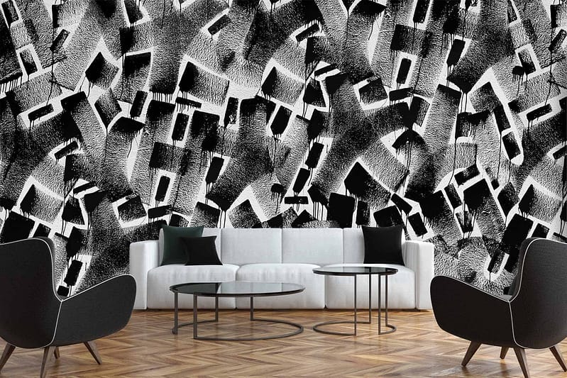 The wallpaper in the modern living room features striking, abstract black and white wall art.