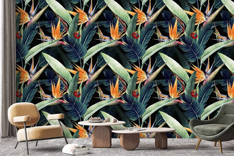 The wallpaper showcases bold, vibrant bird of paradise flowers in striking oranges and reds, set against a backdrop of lush green leaves. The tropical theme is accentuated with intricate details and vivid colors, making it a focal point in the room.