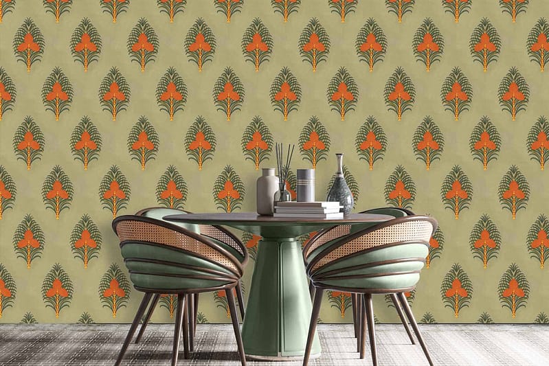 Intricate floral patterned wallpaper with light green background, featuring orange and dark green elements.