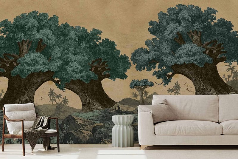 Mural wallpaper showcasing large old trees with gnarled trunks, dense green foliage, varying shades of green, brown branches, dappled sunlight through tree leaves, whimsical forest scene with intricate textures and details.