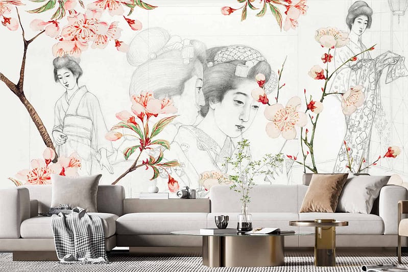 The wallpaper features traditional Japanese women in colorful kimonos, surrounded by vibrant cherry blossoms in shades of pink and white. The backdrop includes subtle hints of greens from the foliage and delicate, intricate patterns enriching the scene with artistic detail.