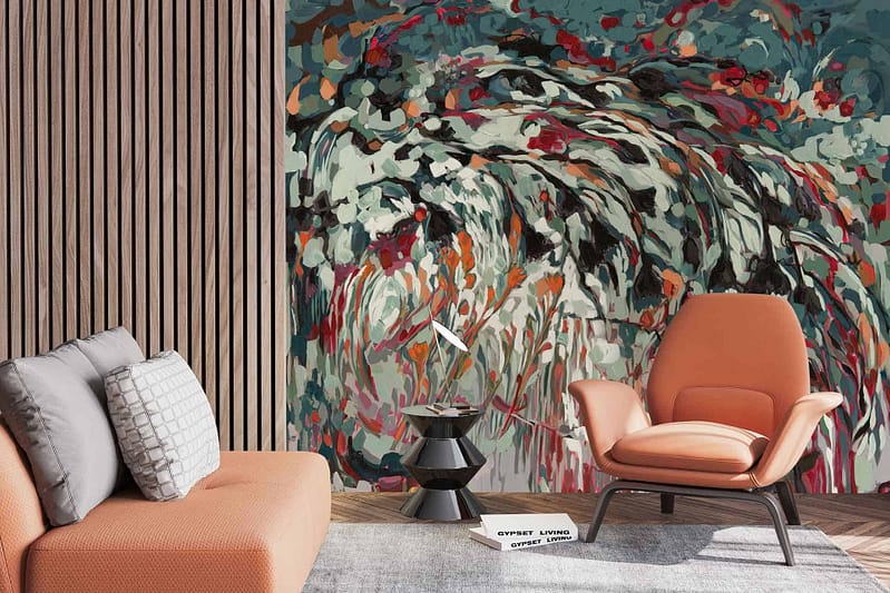 Abstract mural with swirling colors: teal, red, white, black.