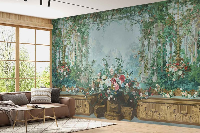 Panoramic mural with a lush garden scene, featuring rustling greenery, ornate columns, and colorful flowers. Elements include various shades of green foliage, bright blooms in red, pink, yellow, and blue hues. Columns add a touch of classic elegance with intricate detailing. Enchanting outdoor atmosphere captured in rich vibrant colors.