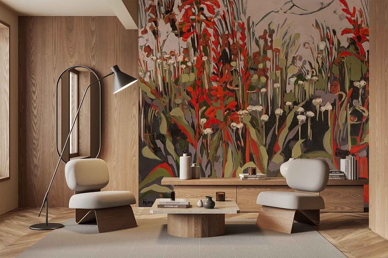 - Large colorful mural
- Aristea Capitata design
- Red and green abstract floral patterns