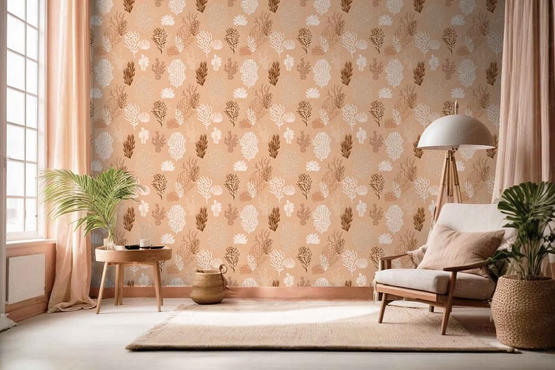 Patterned wallpaper with neutral tones such as beige, cream, and soft gray, complemented by subtle botanical motifs and delicate geometric shapes.