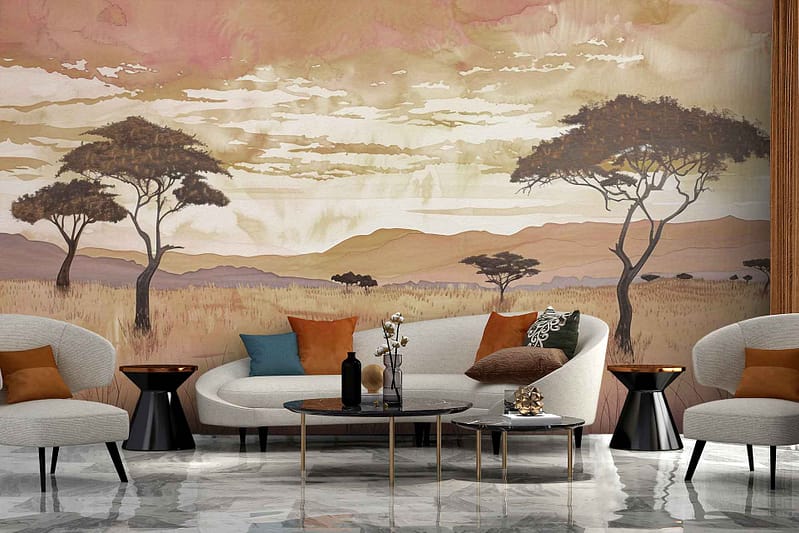 A stylish living room features a large mural with rich elements and colors such as African savannah scenes, acacia trees, and mountain landscapes. Key highlights include deep earth tones, greens from the trees, golden hues of the savannah grasslands, and soft blue mountains in the background.