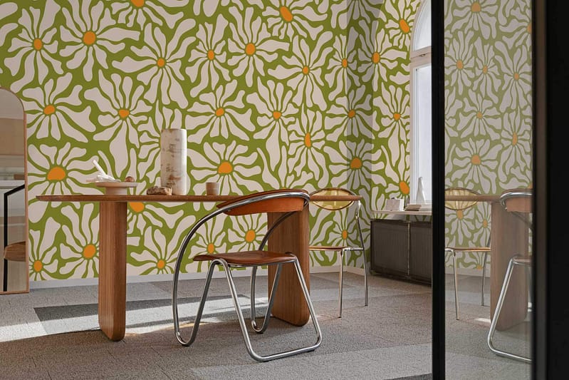 Bold green and white floral wallpaper with large daisies, vibrant spirit of Amalfi.