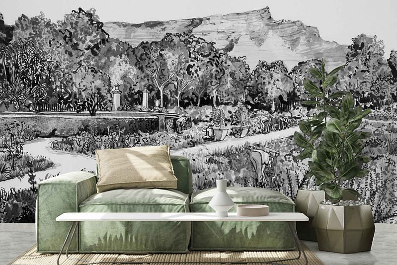 Black and white mural; De Waal Park-inspired; lush landscapes; mountains; trees.