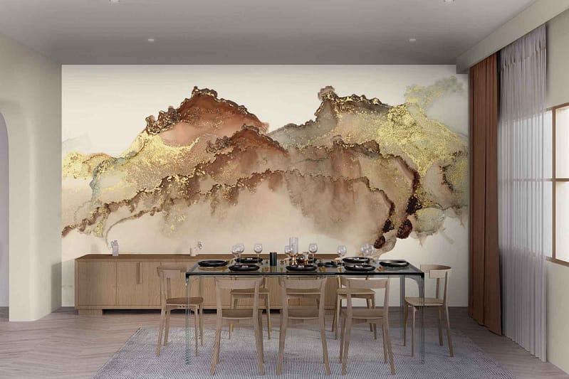 Abstract mural with earthy tones, gold accents, dominant wall.