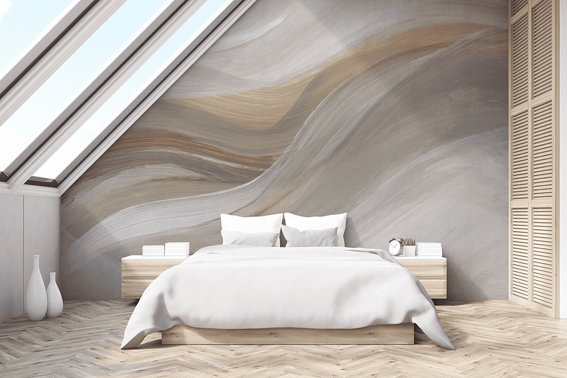 Decorative swirling pastel wall mural features soft hues like lavender, blush pink, sky blue, mint green, and cream. The abstract patterns create a sense of fluidity and calmness.
