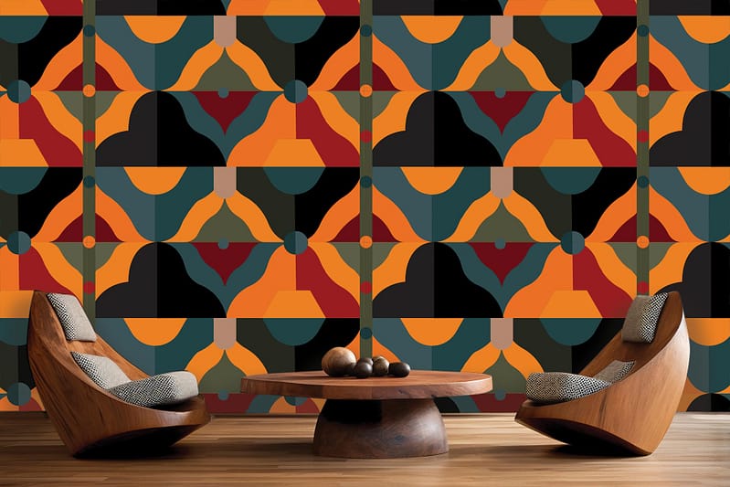 The wallpaper features a Litema-inspired geometric mural with bold shades of orange, teal, red, and black.