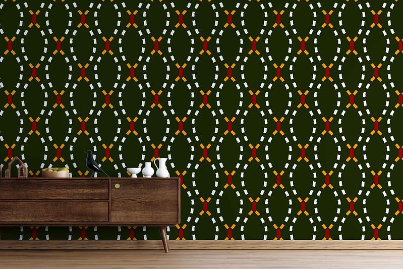 Dark green wallpaper, repeating geometric pattern, yellow shapes, white shapes, red shapes.
