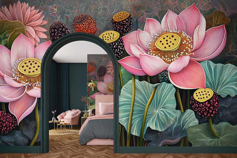 The wallpaper is richly decorated with large, colorful lotus flowers and seed pods. Predominant colors include vivid pinks, lush greens, and subtle hints of gold. The floral theme is intricate and vibrant, featuring detailed petals and symmetrical patterns. This nature-inspired design enhances the room's tranquil ambiance.
