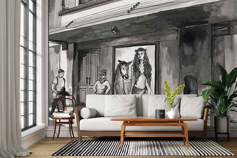 The wallpaper is a striking black-and-white mural depicting people and a horse in a classical Supers-inspired scene. The design features dynamic human figures in flowing garments, detailed musculature, and dramatic poses reminiscent of ancient reliefs. The horse is prominently positioned with expressive movement. Monochrome tones—crisp blacks, soft grays, and whites—dominate the mural. Ornamental architectural elements like columns or arches subtly frame the group, enhancing the classical feel. Key elements: people, horse, Supers/classical style, black-and-white palette, dramatic figures.