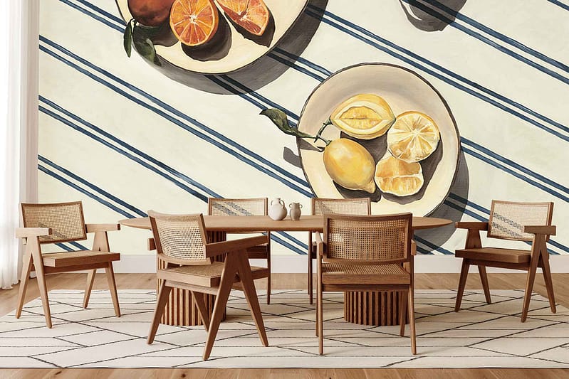 Wallpaper with plates of sliced citrus fruits and lemons on a blue and copper striped background; features yellow, orange, green, blue, and copper tones.