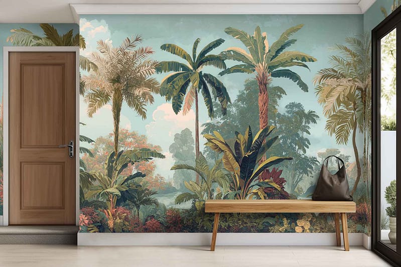 The wallpaper displays a vibrant tropical mural with lush palm trees, large green leaves, and colorful exotic plants in rich greens, yellows, and pinks.