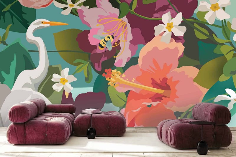 Vibrant mural: egret, bee on a flower, various colorful flowers, green leaves.