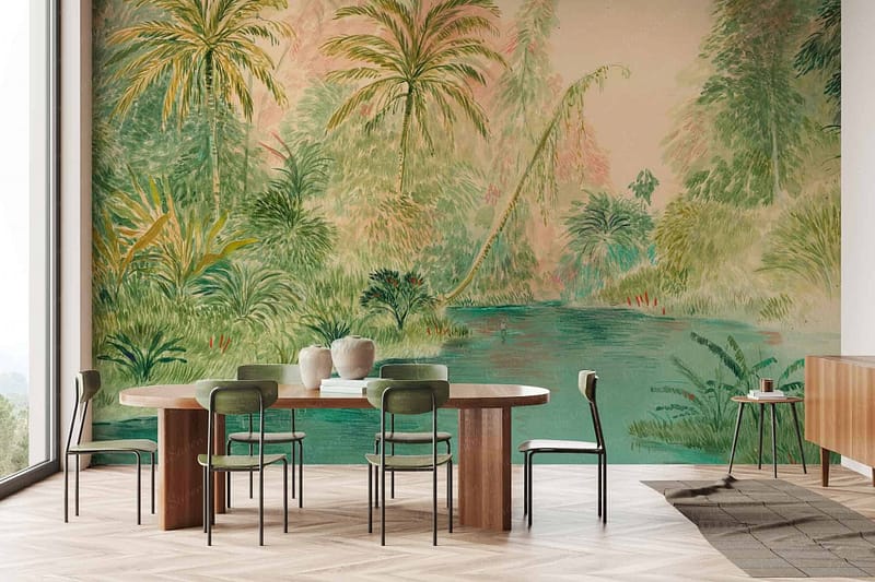 Artistic mural featuring lush tropical forest, vibrant green foliage, serene water scene, large trees, rich green hues, natural elements.