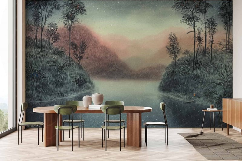 The wallpaper in the minimalist dining room features a scenic mural depicting a tranquil lake, misty mountains, and lush greenery. Key elements include water, mountains, trees, and an exploration theme. Colors present are green, blue, gray, and natural earth tones.