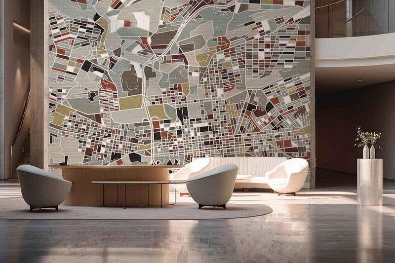 Abstract city map mural with geometric lines and shapes in various shades of blue, gray, and white. The design includes intricate street patterns and notable landmarks in muted tones, creating a modern yet tranquil ambiance.