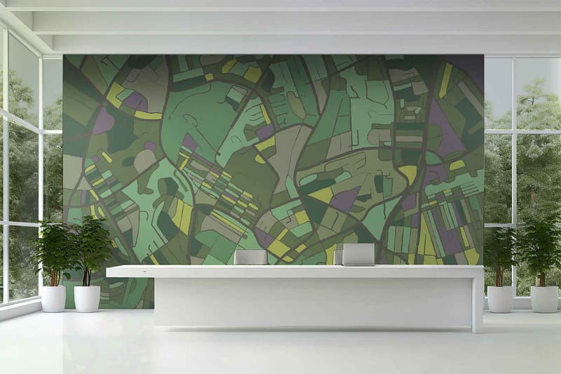 Abstract green mural, jungle vibe, large leaves, deep greens, light greens, organic shapes, nature-inspired design.