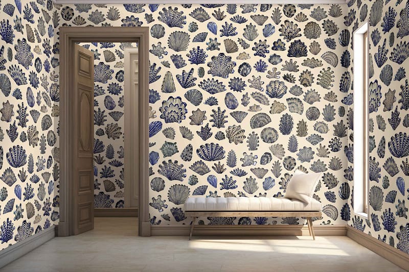 The wallpaper showcases a repeating pattern with botanical or coral-like designs in shades of blue and gray.