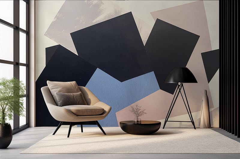 The wall features a geometric pattern with shapes and angles, combining shades of black, blue, and beige.