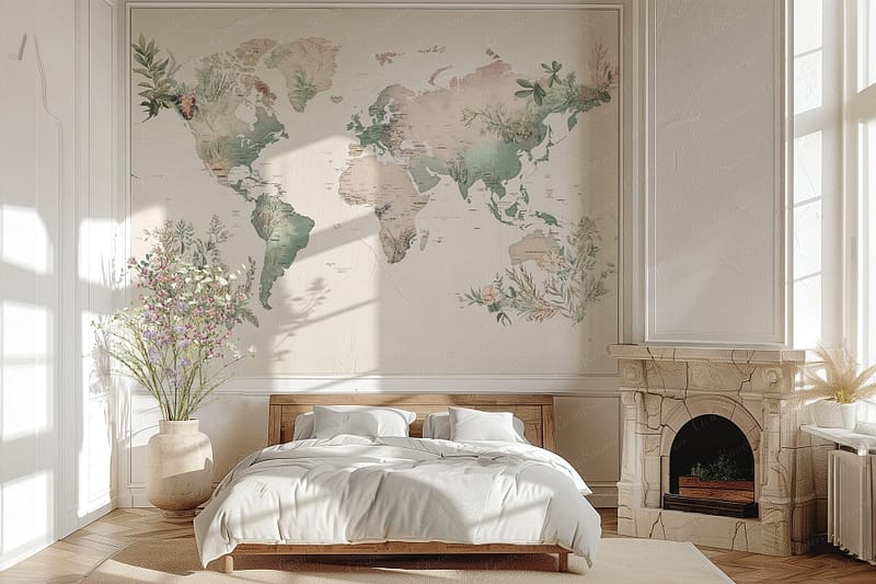 The wallpaper features a detailed world map mural with muted earth tones, including soft greens, gentle blues, and subtle browns outlining continents and oceans. Delicate lines depict latitude and longitude, creating an elegant global design.