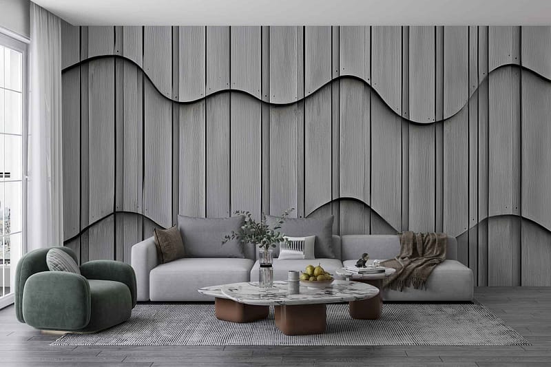 The wallpaper features a wavy wooden panel design adding texture and warmth to the modern living room. The natural wood tones in varying shades create an organic, fluid pattern, serving as a neutral yet elegant backdrop.