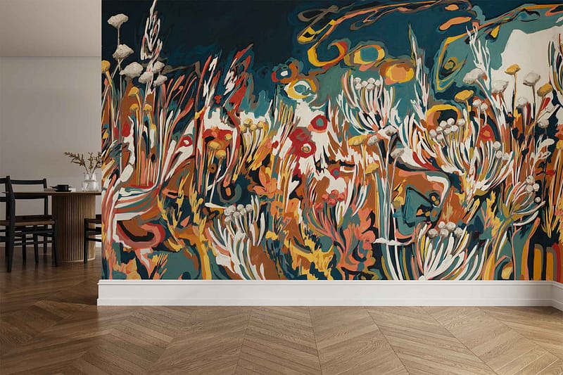 Bold, colorful abstract mural wallpaper with swirling shapes and vibrant Yellow Helichrysum patterns; features vivid patterns in yellow, dynamic forms, and artistic brushstrokes.