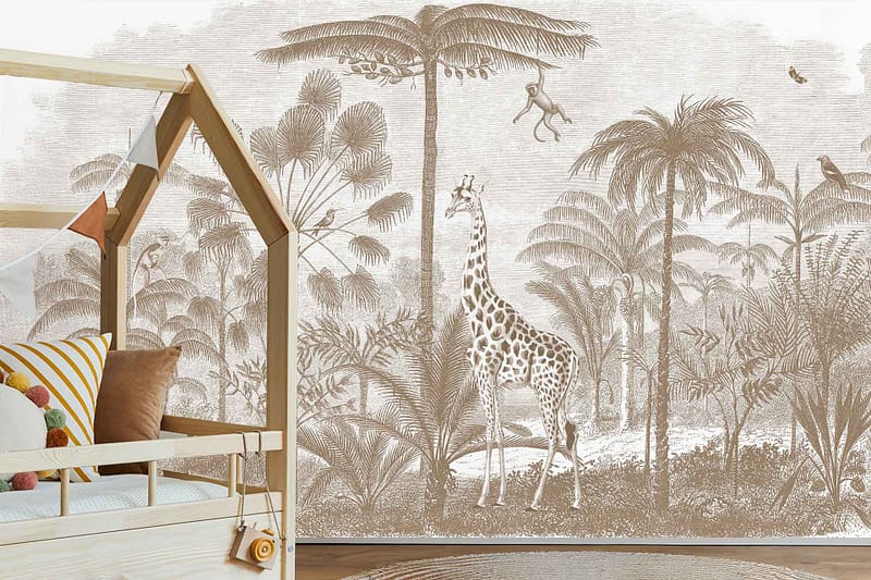 Sepia-toned wallpaper featuring a jungle scene with a giraffe, several monkeys, and tropical birds amid lush foliage. The warm, muted color palette creates a playful, nature-inspired backdrop perfect for a children’s room.