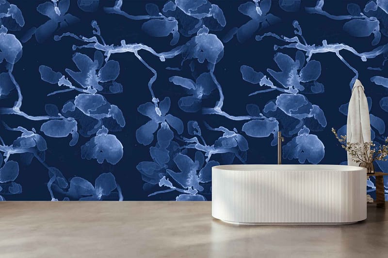 Blue floral-patterned wallpaper with large, abstract Silk Wings design; features prominent blue hues and expressive floral shapes.