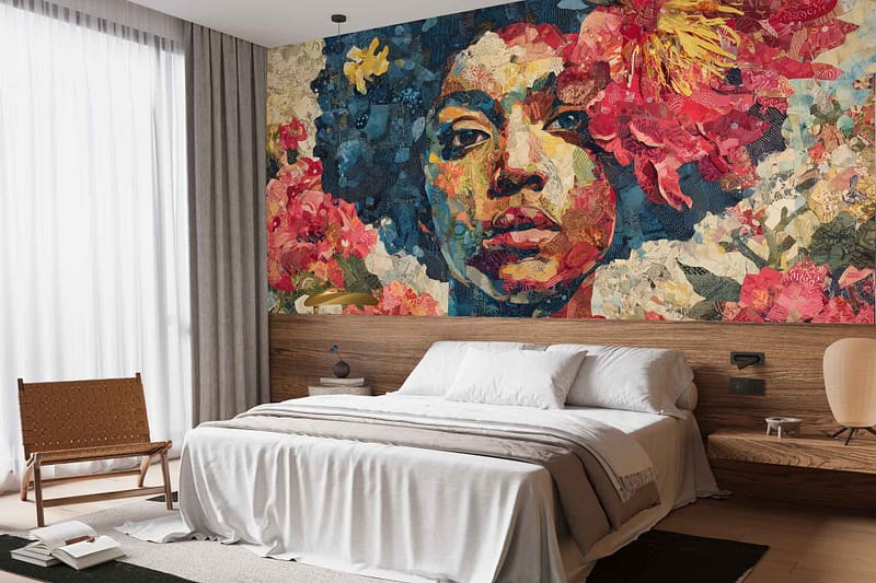 Wallpaper features a woman's face surrounded by vibrant, abstract floral patterns in bold colors like pink, blue, yellow, and green. The mural creates a striking focal point above the bed.