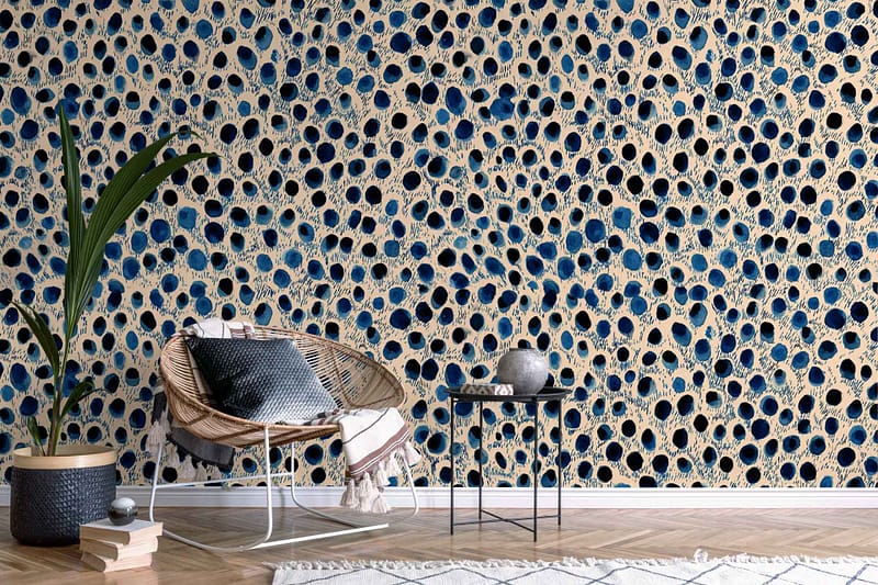 Abstract wallpaper with blue and beige dotted pattern inspired by London Skies, featuring scattered dots and soft color variations for a modern look.