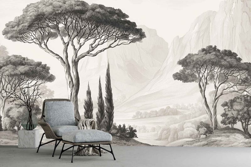 Monochrome wallpaper featuring detailed trees and mountain scenery; grayscale tones create a serene landscape scene with classic, refined elegance.