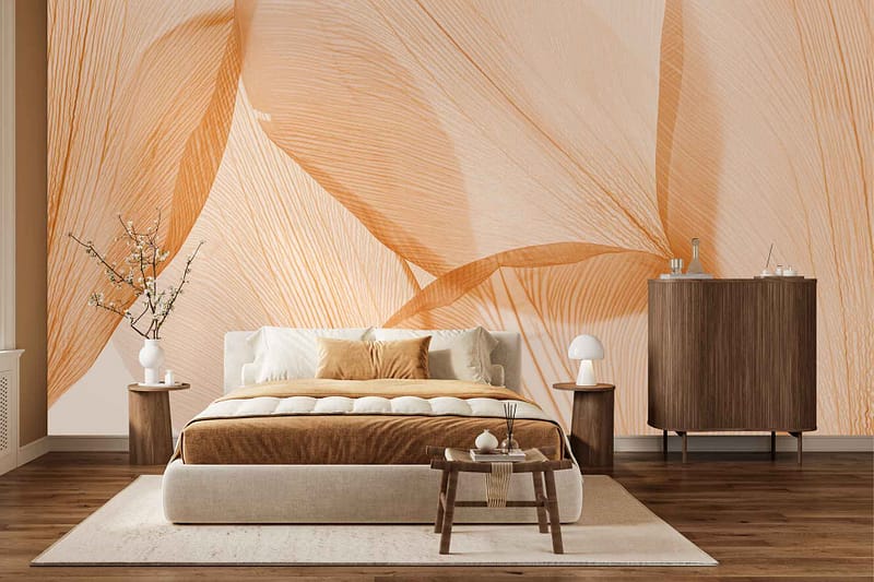 Large wallpaper mural with bold abstract orange leaf patterns, featuring vibrant shades of orange on a neutral-toned background.