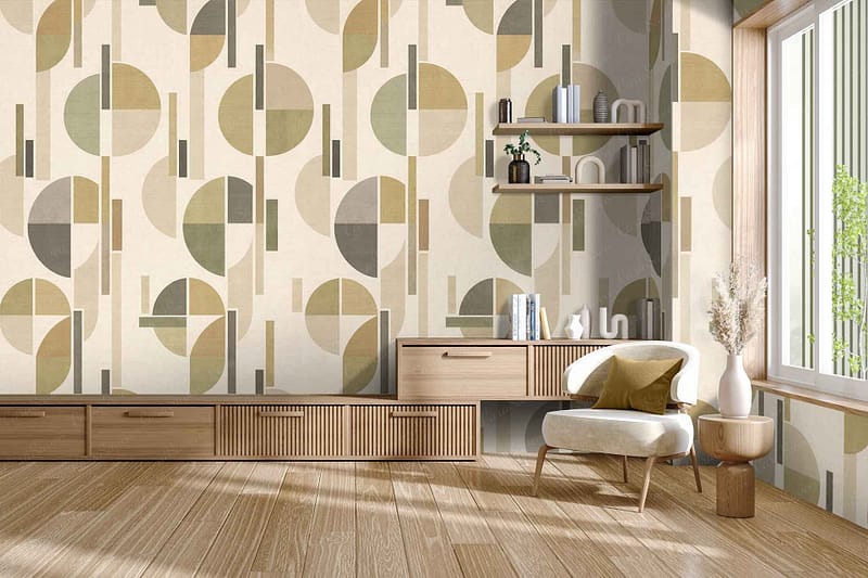 Geometric-patterned wallpaper in neutral tones, featuring repeating shapes and lines in soft beige, gray, and cream hues. The modern design’s subtle color palette creates a sophisticated backdrop for the room.