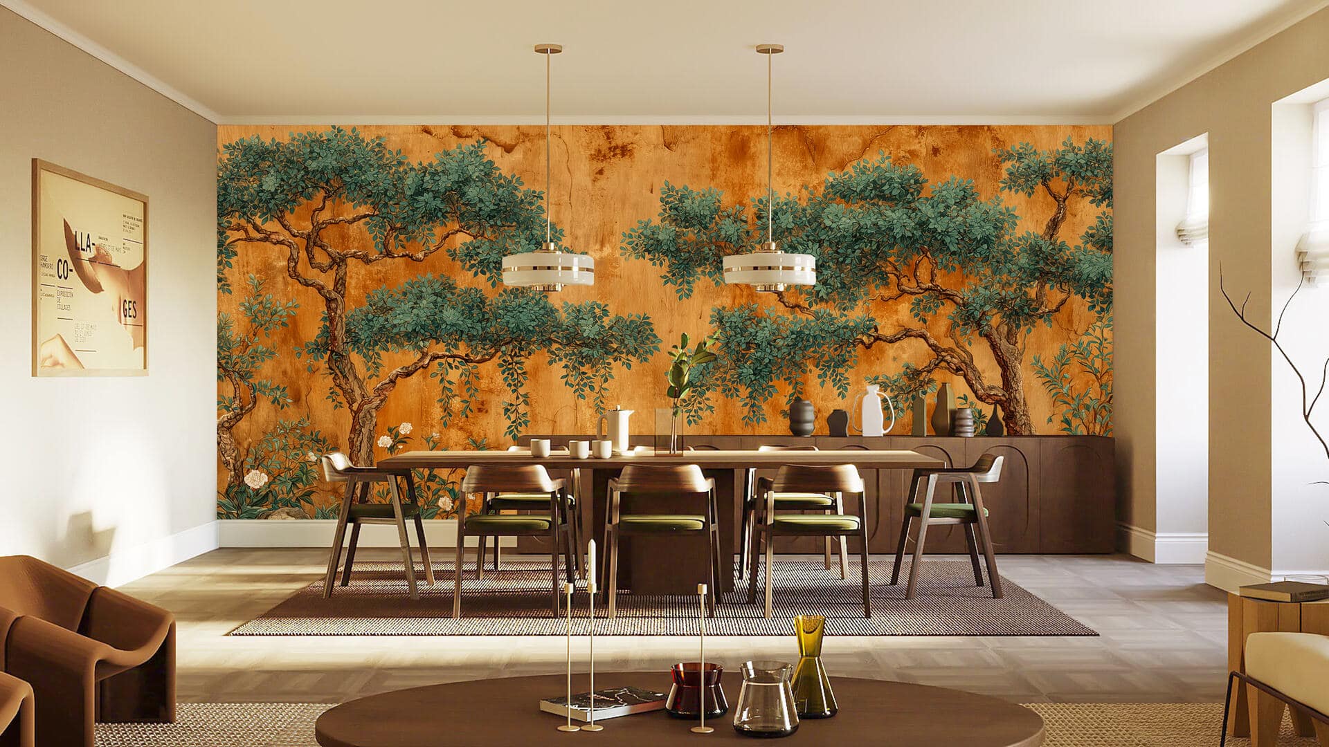 Wall mural featuring elegant green trees on a golden background. The wallpaper showcases vibrant green foliage and metallic gold tones, creating a striking, nature-inspired design perfect for statement walls.