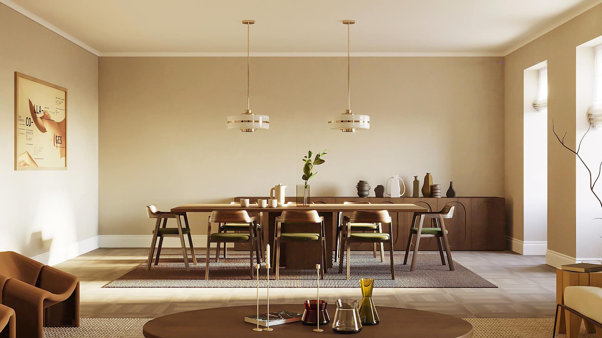 Wallpaper with subtle geometric patterns in soft beige and cream tones covers the dining room walls, adding warmth and texture to the space. The neutral wallpaper design enhances natural light and complements the wooden table and green chairs.