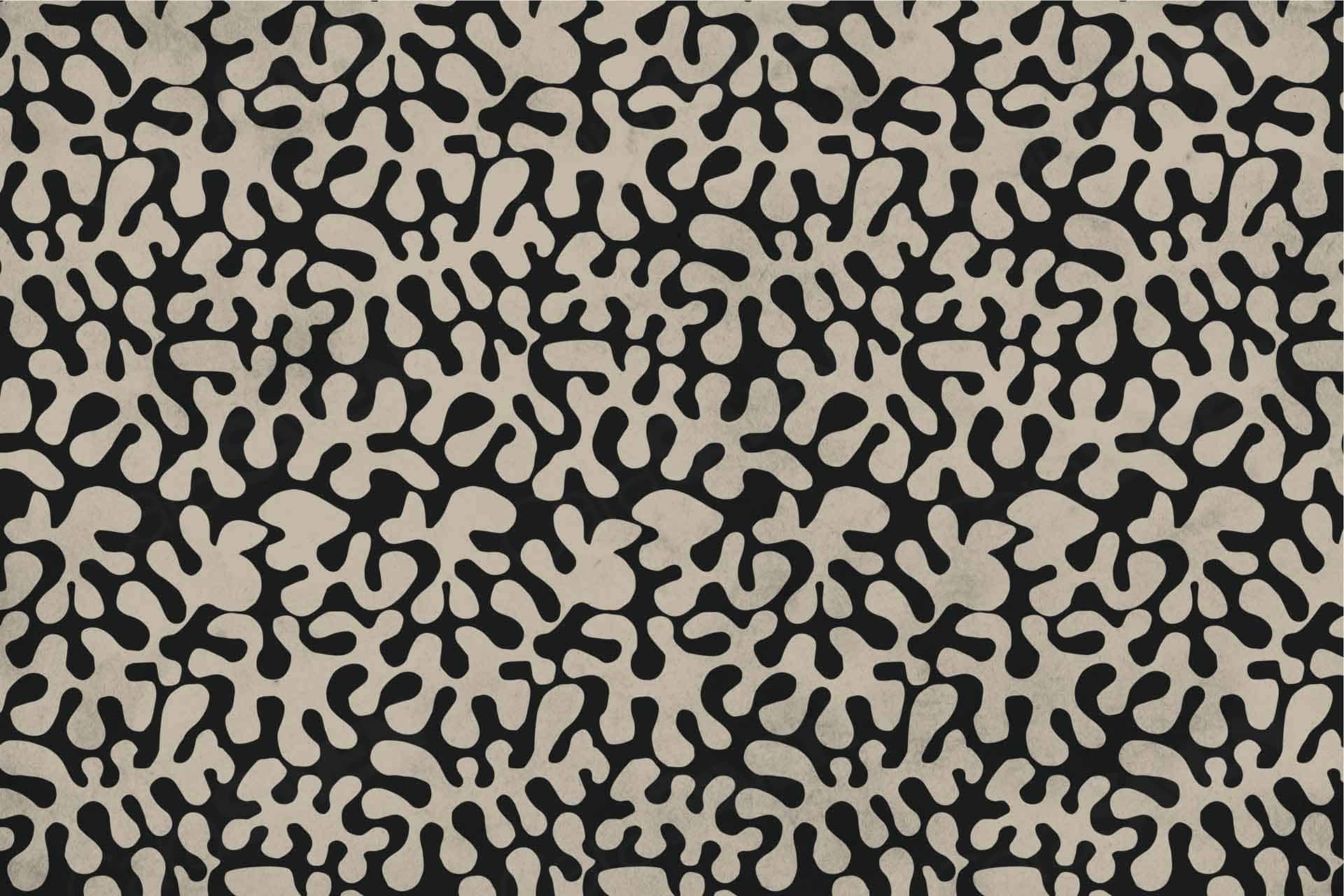 Abstract black and beige wallpaper featuring organic shapes. Beige forms dispersed unevenly across a black background, evoking coral or amoebas. Modern, chaotic yet engaging design with cultural and heritage texture nuances.