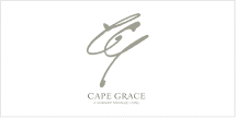 **Cape Grace Logo Design:**
- **Initials:** "CG" in elegant, stylized cursive.
- **Font Style:** Timeless carousel charm.
- **Color Palette:** Gold and deep navy blue for initials; black or charcoal grey for text.
- **Text:** "Cape Grace - A Signature Landmark Hotel."
- **Background Color:** Crisp white.