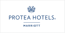 The wallpaper of the Protea Hotels by Marriott logo features a sophisticated blue stylized protea flower above bold blue text, "Protea Hotels" and "Marriott," exuding elegance and style.