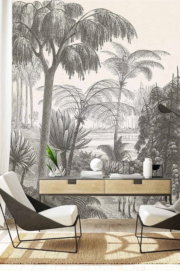 The Getaway" wallpaper features a tropical, black-and-white mural with palm trees and lush vegetation. The design highlights intricate details of leaves and natural elements in monochrome tones.